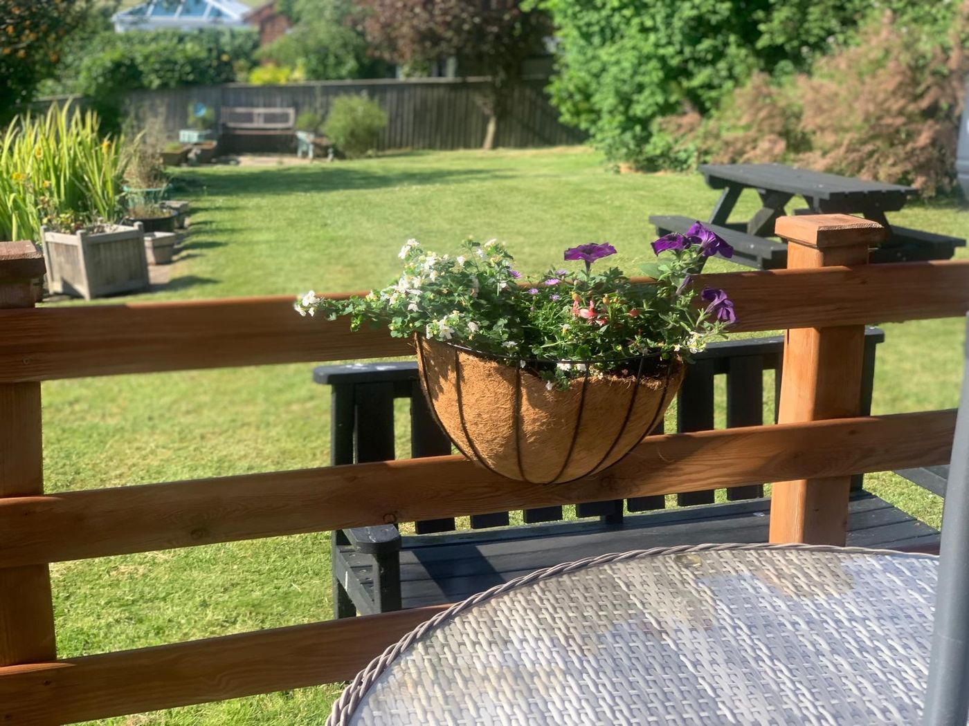 Garden seating with flower baskets